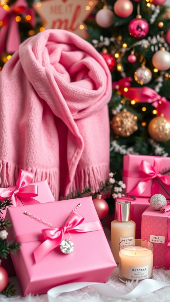 A collection of pink Christmas gifts including a scarf, jewelry, and candles, beautifully wrapped and decorated.